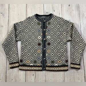 Woolrich Wool Button Up Long Sleeve Nordic Sweater Cardigan Floral Gray Size M